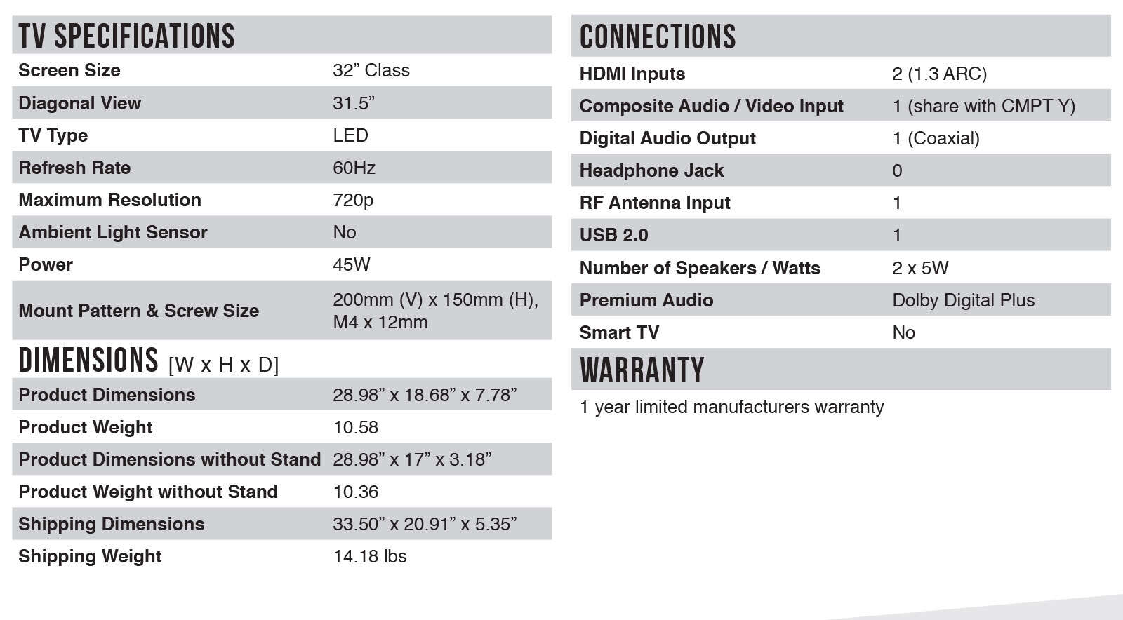 32D2700 Spec Sheet