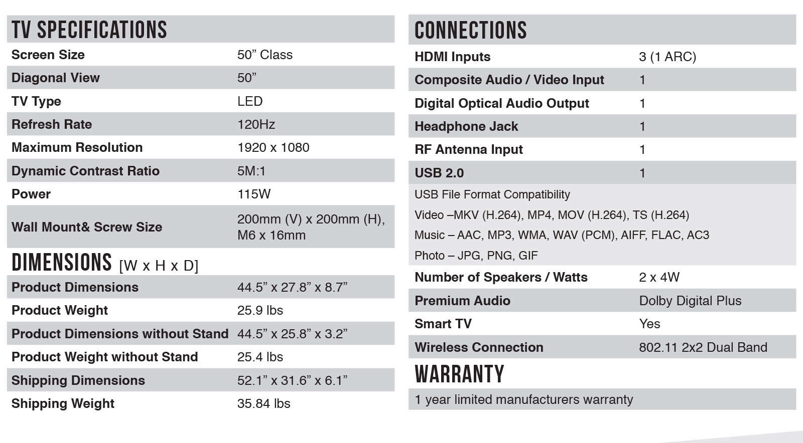 50FS3850 Spec Sheet