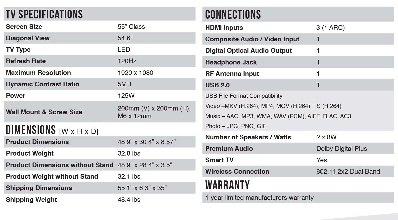 55FS3850 Spec Sheet