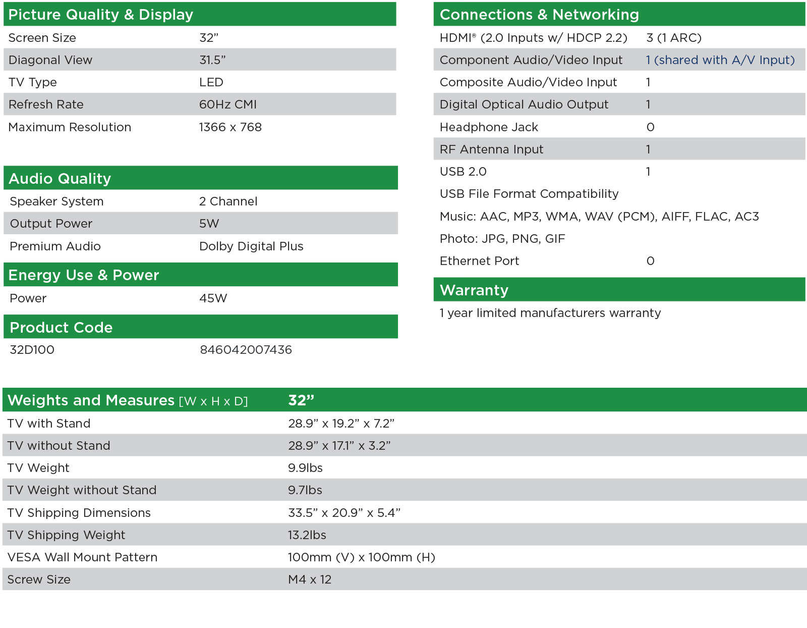 32D100 Specs Sheet